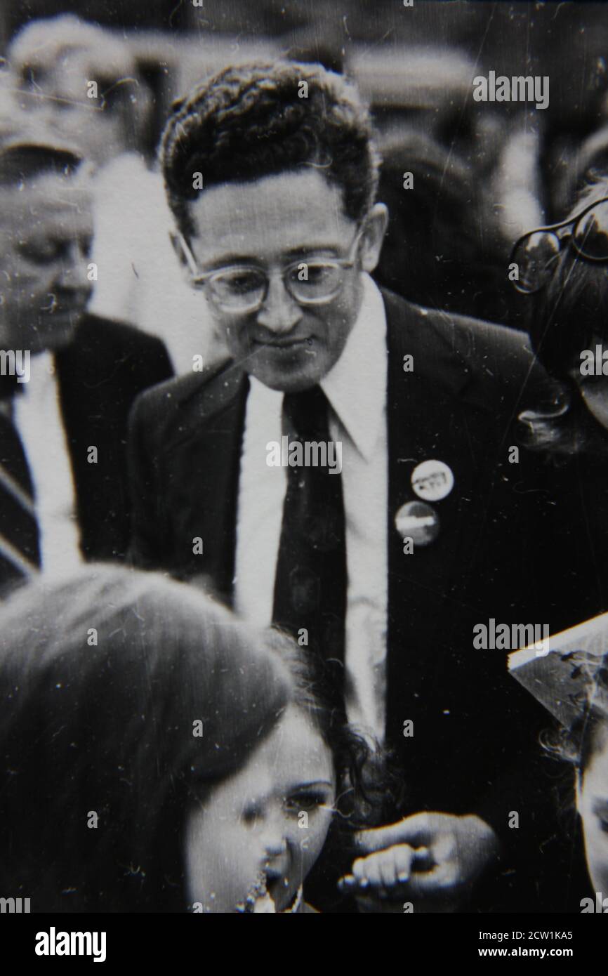 Fine 1970s vintage black and white photography of a regular guy on the campaign trail for Illinois politics. Stock Photo