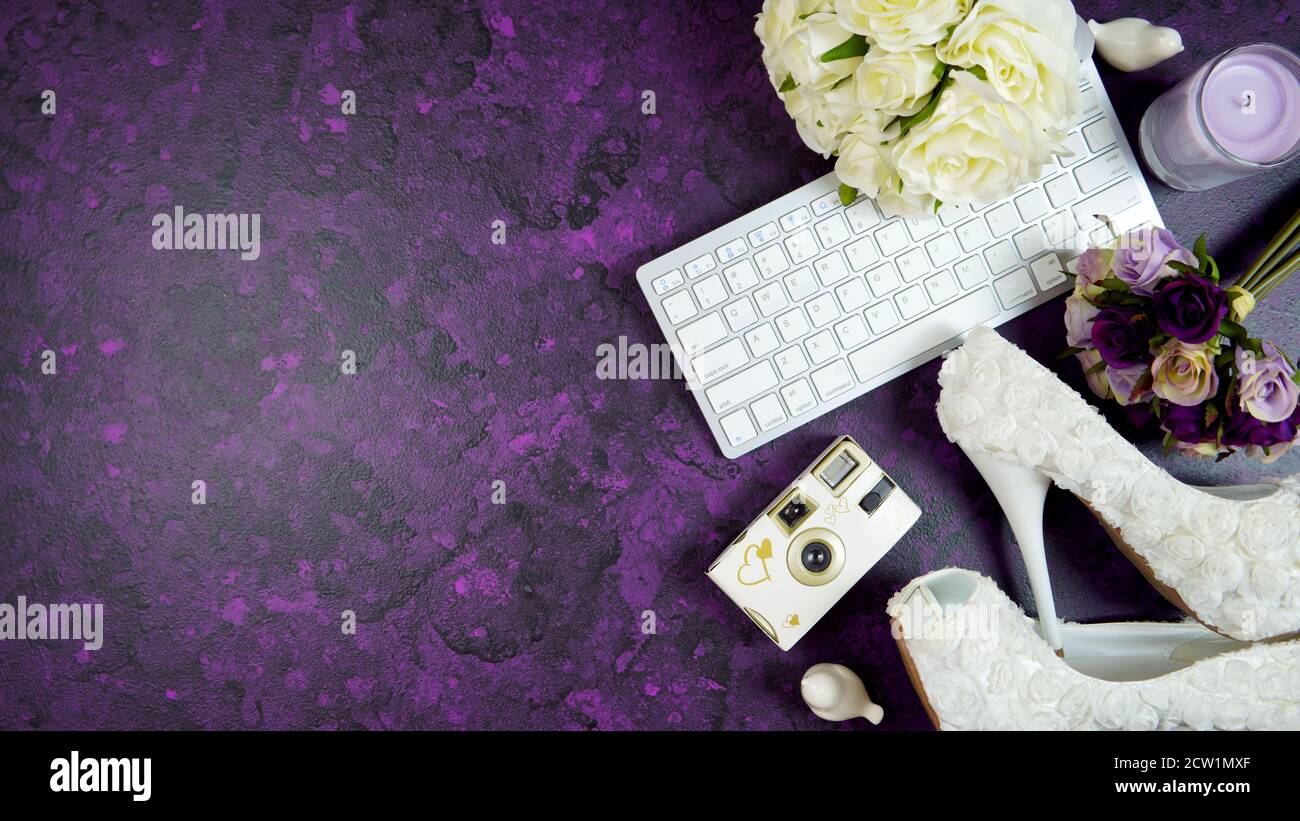 Download Wedding Bridal Theme Desktop Workspace With High Heel Shoes Bouquets Accessories On Vintage Purple Textured Background Top View Blog Hero Header Cr Stock Photo Alamy