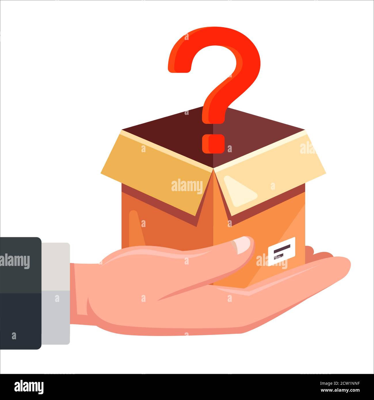 a box with a question mark lies in a person hand. flat vector ...