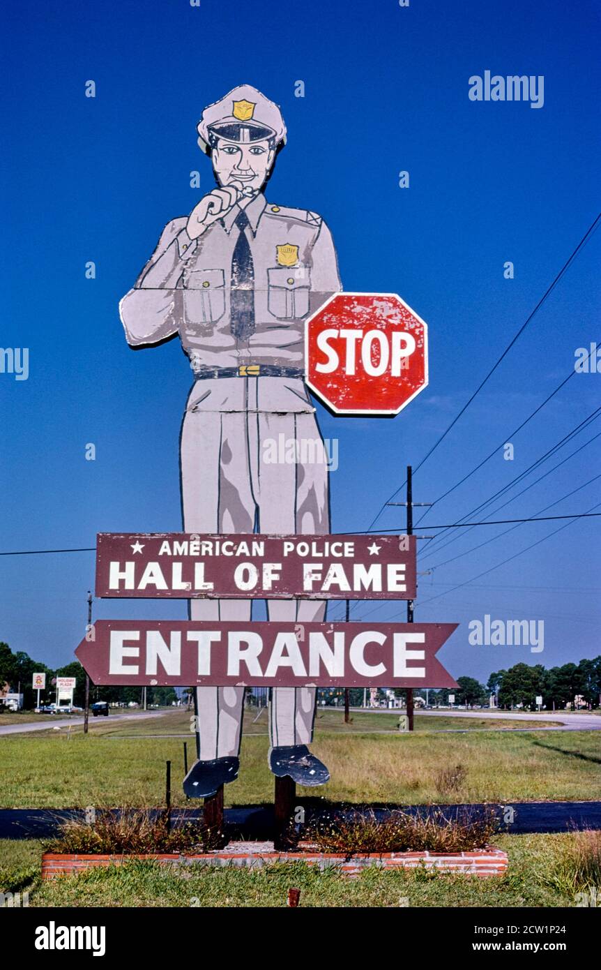 American Police Hall of Fame Entrance Sign, Route 41, North Port, Florida, USA, John Margolies Roadside America Photograph Archive, 1980 Stock Photo