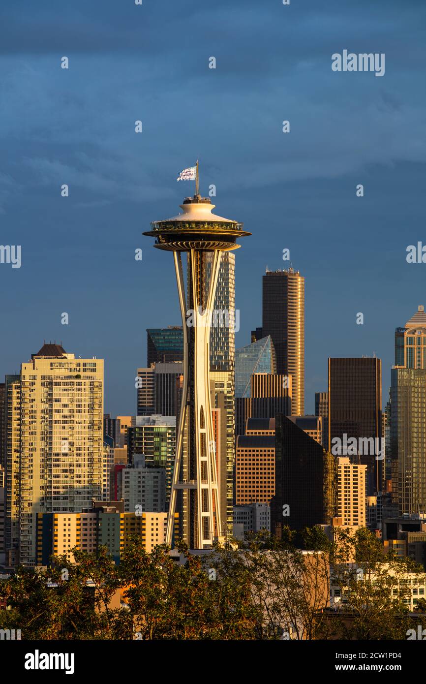 Cloudy Seattle skyline with the iconic Space Needle at dusk Stock Photo ...