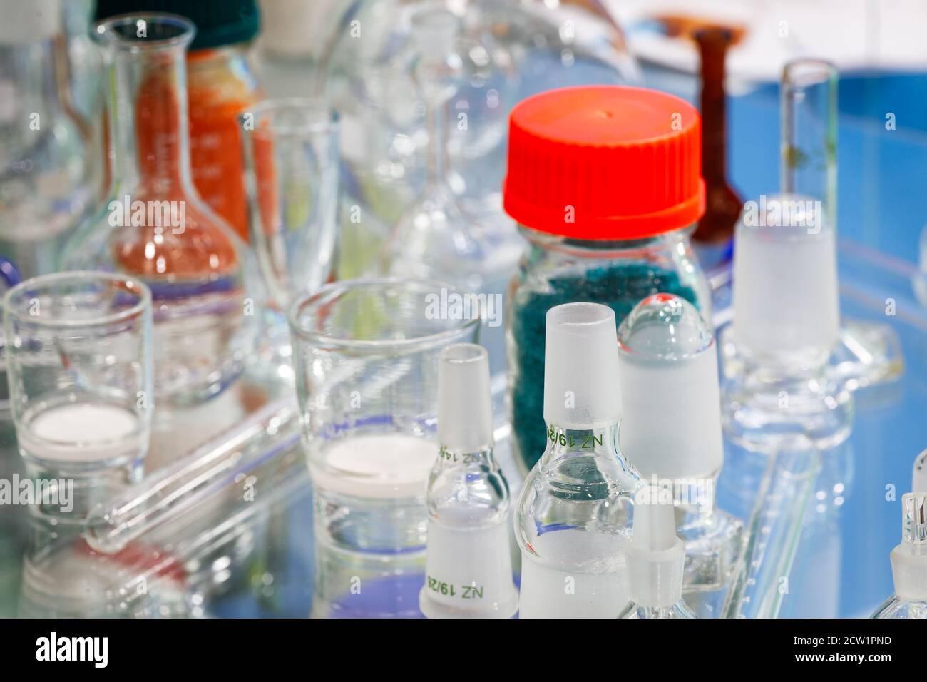 Glass laboratory chemical test tubes with liquid for analytical ...