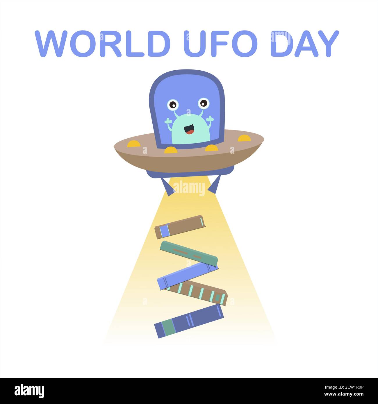 Vector image for international UFO day. A flat picture of a flying saucer with aliens who want to steal something from the planet Earth. A fun cartoon illustration with a space theme. Aliens want to steal books. Stock Vector