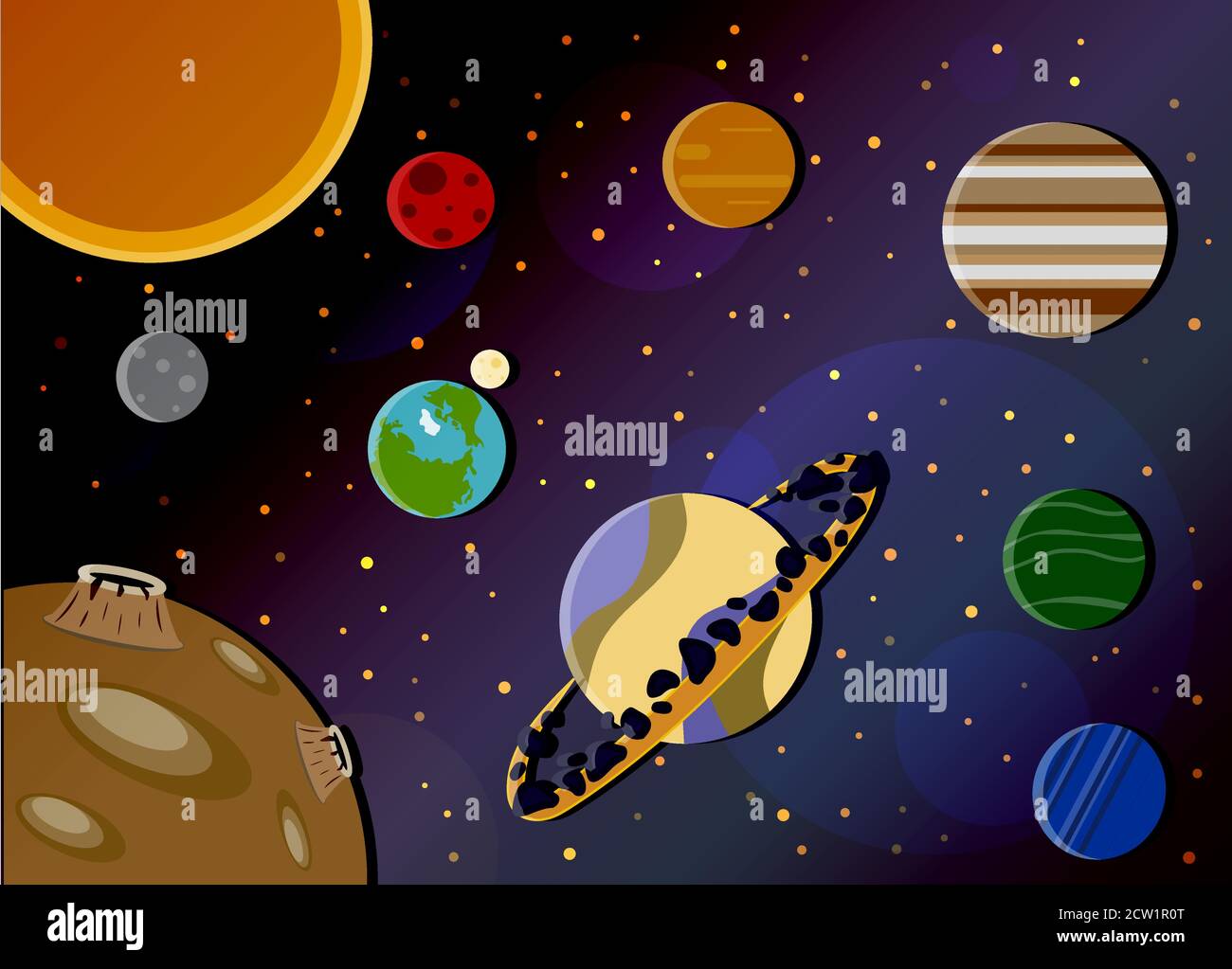 The solar system with all the planets in a flat cartoon style. Space and  planet background. Planets surface with craters, stars and comets in dark  space. Vector illustration. Space sky with planet