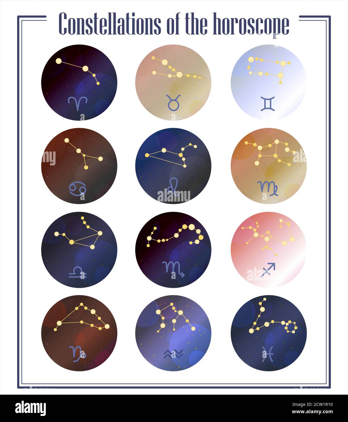 Constellations of the horoscope with symbols of the zodiac signs on a gradient purple-pink starry sky. Planets, stars and constellations in space. Telescope to study the stars. vector illustration of astrology and astronomy. Vector horoscopes bright stars in cosmos. Stock Vector