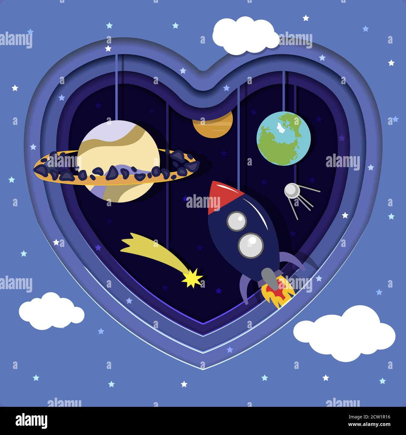 Space cut out of paper with planets, rocket and stars. Heart cut out of paper. Hung on strings paper satellite, Earth, Saturn, mercury, satellite and meteorite. Paper cartoon space with stars and clouds. Cute vector drawing of solar system elements. Stock Vector