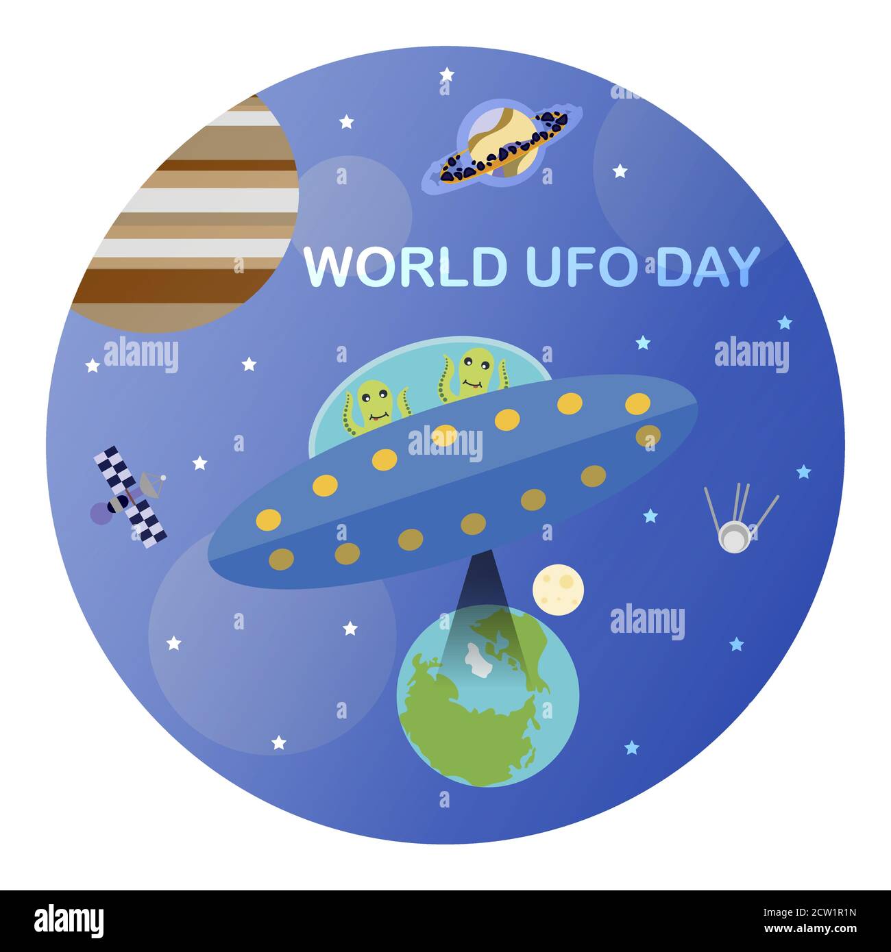 Vector image for international UFO day. A flat picture of a flying saucer with aliens who want to steal something from the planet Earth. A fun cartoon illustration with a space theme. Stock Vector
