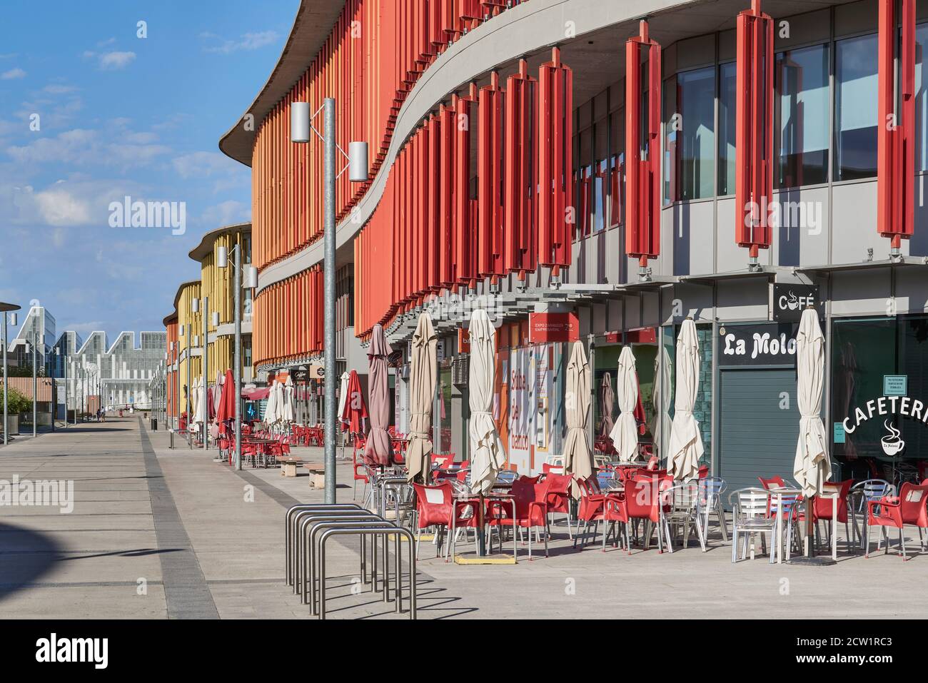 Buildings and terraces of bars, cafes and restaurants in the Specialized Exhibition of Zaragoza (Expo 2008), Aragon, Spain, Europe Stock Photo