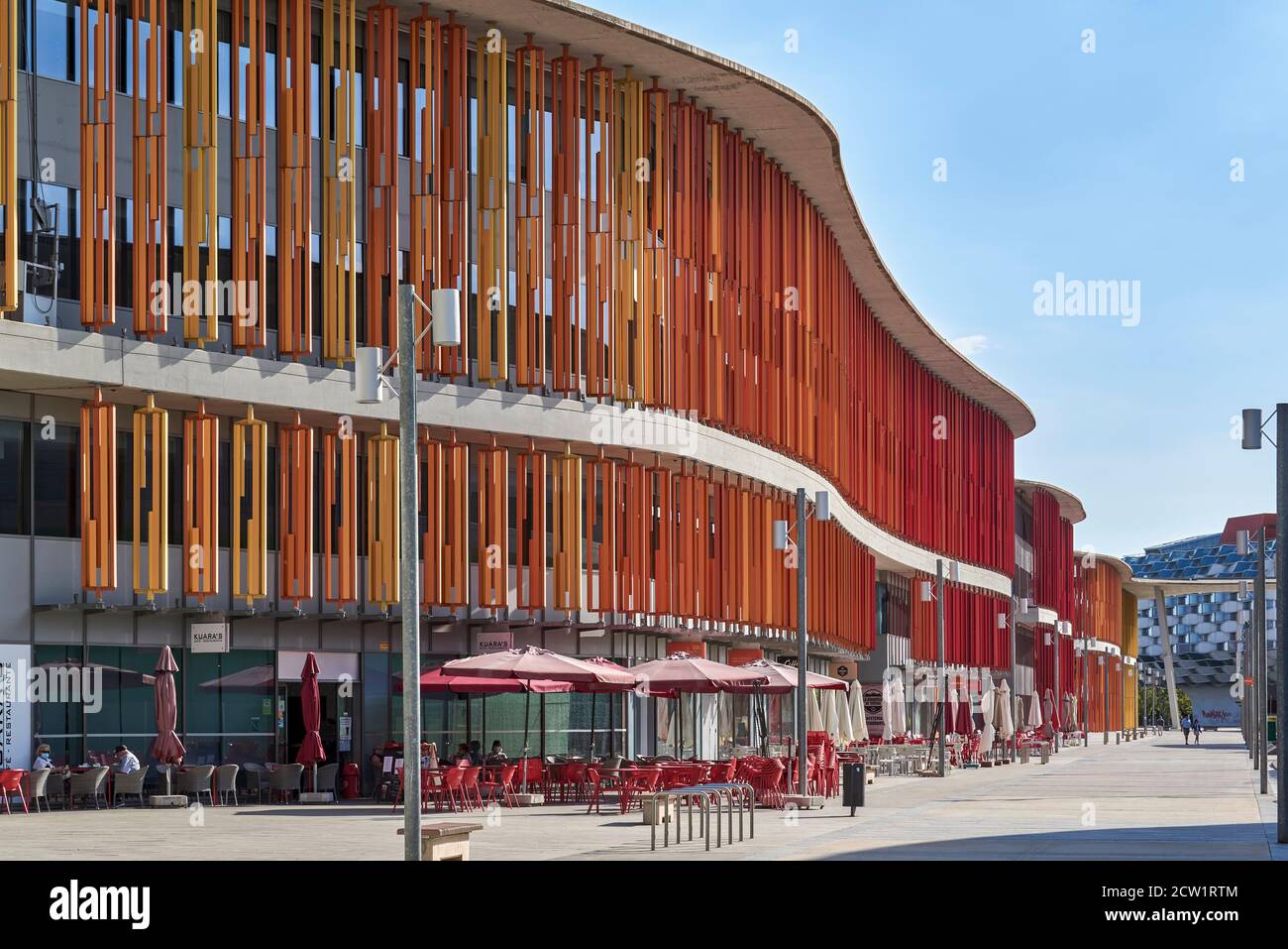 Buildings and terraces of bars, cafes and restaurants in the Specialized Exhibition of Zaragoza (Expo 2008), Aragon, Spain, Europe Stock Photo