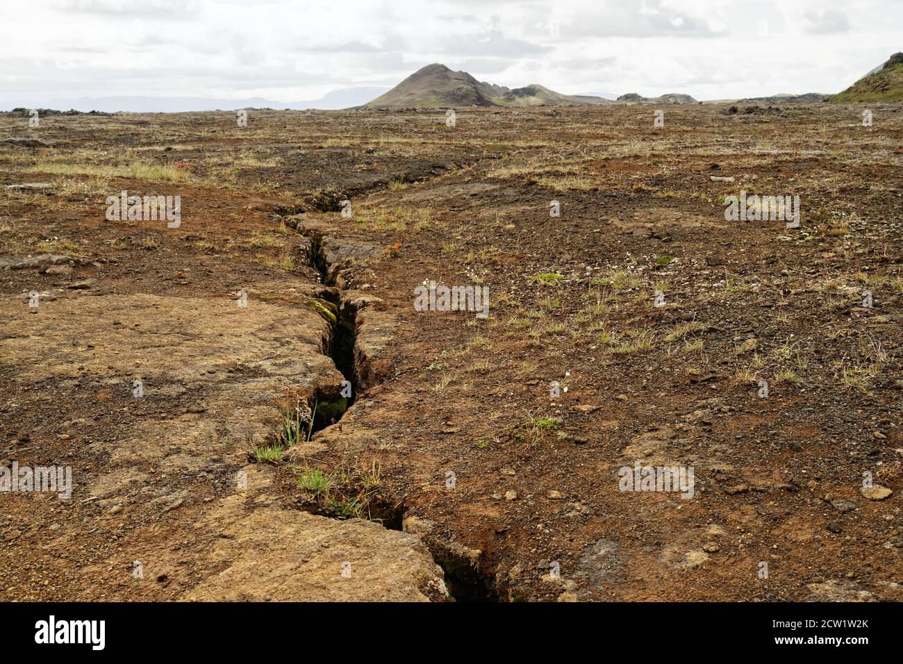 Barren steppe-like landscape in shades of brown and ocher, through the surface runs a dark rift, mountains in the background - Location: Iceland Stock Photo