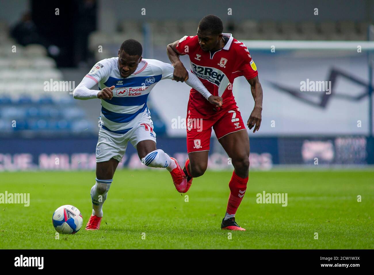 London, UK. 26th Sep, 2020. Bright Osayi-Samuel (11) of Queens Park Rangers in action with Marc Bola (27) of Middlesbrough. EFL Skybet Championship match, Queens Park Rangers v Middlesbrough at The Kiyan Prince Foundation Stadium, Loftus Road in London on Saturday 26th September 2020. this image may only be used for Editorial purposes. Editorial use only, license required for commercial use. No use in betting, games or a single club/league/player publications. pic by Tom Smeeth/Andrew Orchard sports photography/Alamy Live news Credit: Andrew Orchard sports photography/Alamy Live News Stock Photo