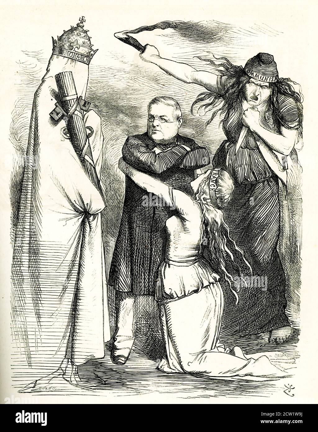 The caption for this illustration reads: Between Two terrors (“White” and “Red”). The labels on the characters from left to right are: Monarchy, France, Communism. The man  represents Louis Adolphe Thiers, the first President of the Third Republic. The figure representing France embraces him. To the right is the threatening figure of Communism, and to the left the shrouded figure of Monarchy. Opposed by the monarchists in the French assembly and the left wing of the Republicans, Thiers resigned on 24 May 1873. It is taken from the Punch Almanac for 1873. Its date is October 18, 1873. Punch, or Stock Photo