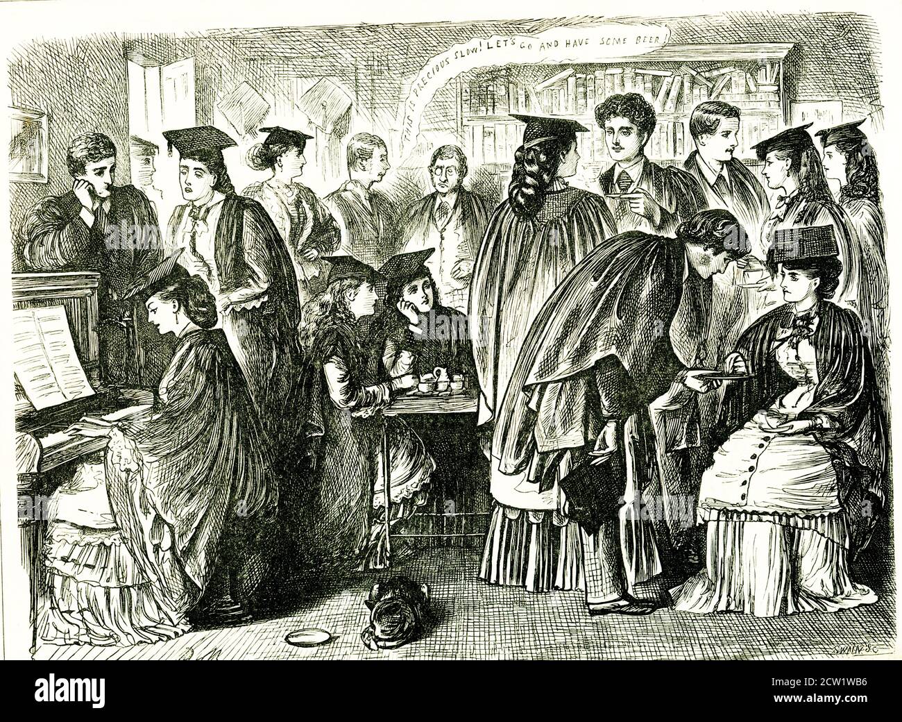 The caption for this illustration reads: Sweet-Girl Graduates Afternoon Tea versus Wine. The man in the background is saying: “This is precious slow! Let’s go and have some beer!” It is taken from the Punch Almanac for 1873. Punch, or The London Charivari, was a British weekly magazine of humor and satire established in 1841 by Henry Mayhew and wood-engraver Ebenezer Landells. Historically, it was most influential in the 1840s and 1850s, when it helped to coin the term 'cartoon' in its modern sense as a humorous illustration. Stock Photo