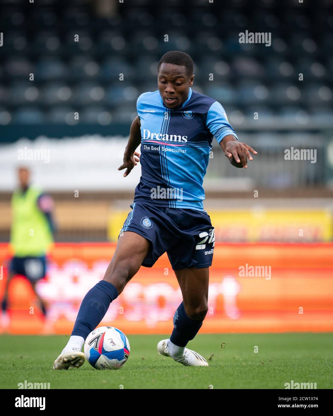 High Wycombe, UK. 26th Sep, 2020. Dennis Adeniran (on loan from Everton) of Wycombe Wanderers during the Sky Bet Championship match between Wycombe Wanderers and Swansea City played behind closed doors due to the ongoing COVID-19 pandemic government guidelines where supporters are unable to attend at Adams Park, High Wycombe, England on 26 September 2020. Photo by Andy Rowland. Credit: PRiME Media Images/Alamy Live News Stock Photo