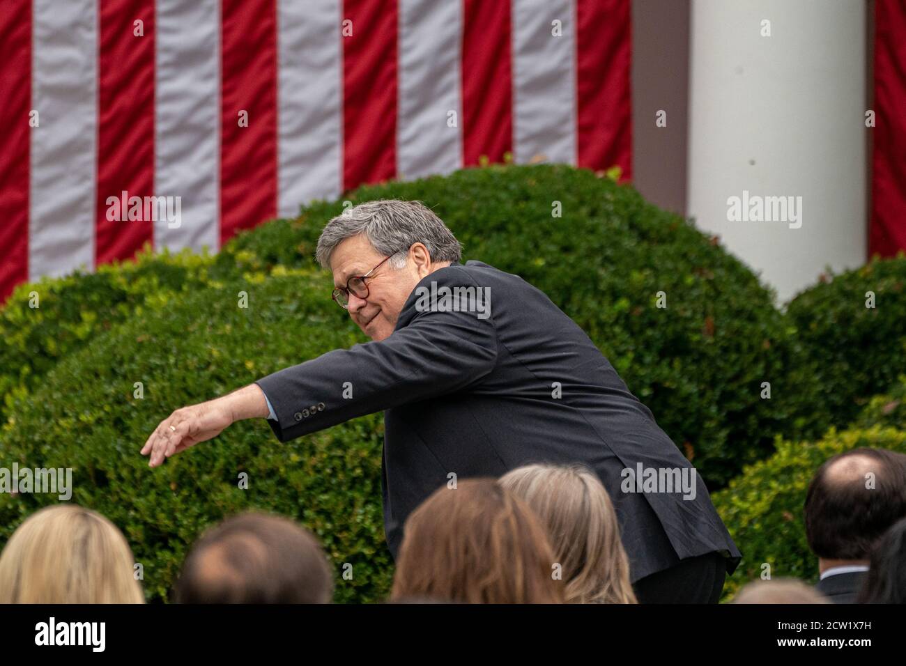 United States Attorney General William P. Barr is escorted in prior to President Donald Trump making an announcement in the Rose Garden to nominate Judge Amy Coney Barrett for the Supreme Court seat left vacant by Justice Ruth Bader Ginsburg's death last week Sep. 9/26/20, 2020 in Washington DC. The Republican-controlled Senate now has little time if they opt to confirm the nominee ahead of Election Day. (Photo by Photo Ken Cedeno/Sipa USA ) Credit: Sipa USA/Alamy Live News Stock Photo