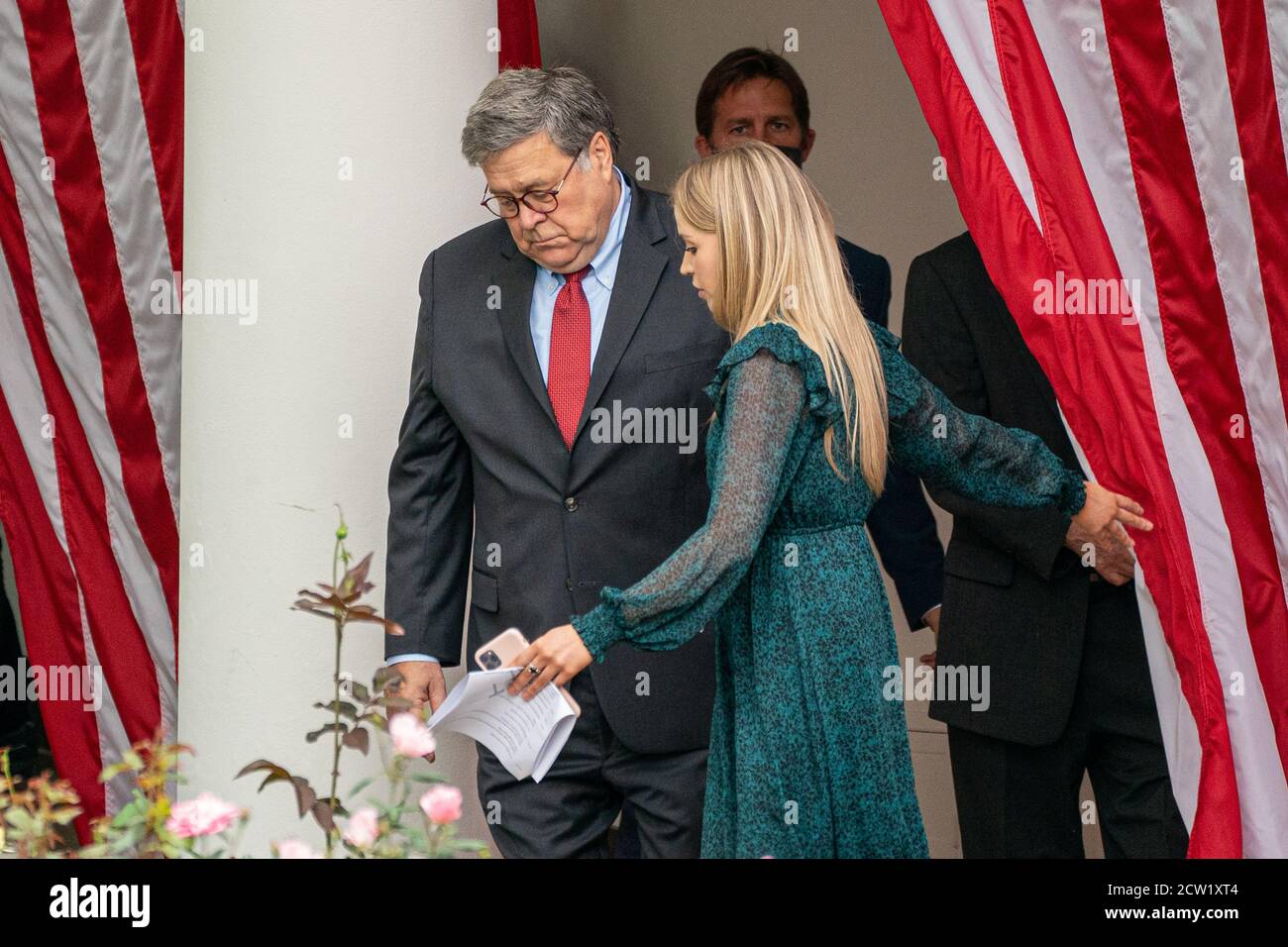 United States Attorney General William P. Barr is escorted in prior to President Donald Trump making an announcement in the Rose Garden to nominate Judge Amy Coney Barrett for the Supreme Court seat left vacant by Justice Ruth Bader Ginsburg's death last week Sep. 9/26/20, 2020 in Washington DC. The Republican-controlled Senate now has little time if they opt to confirm the nominee ahead of Election Day. (Photo by Photo Ken Cedeno/Sipa USA ) Credit: Sipa USA/Alamy Live News Stock Photo