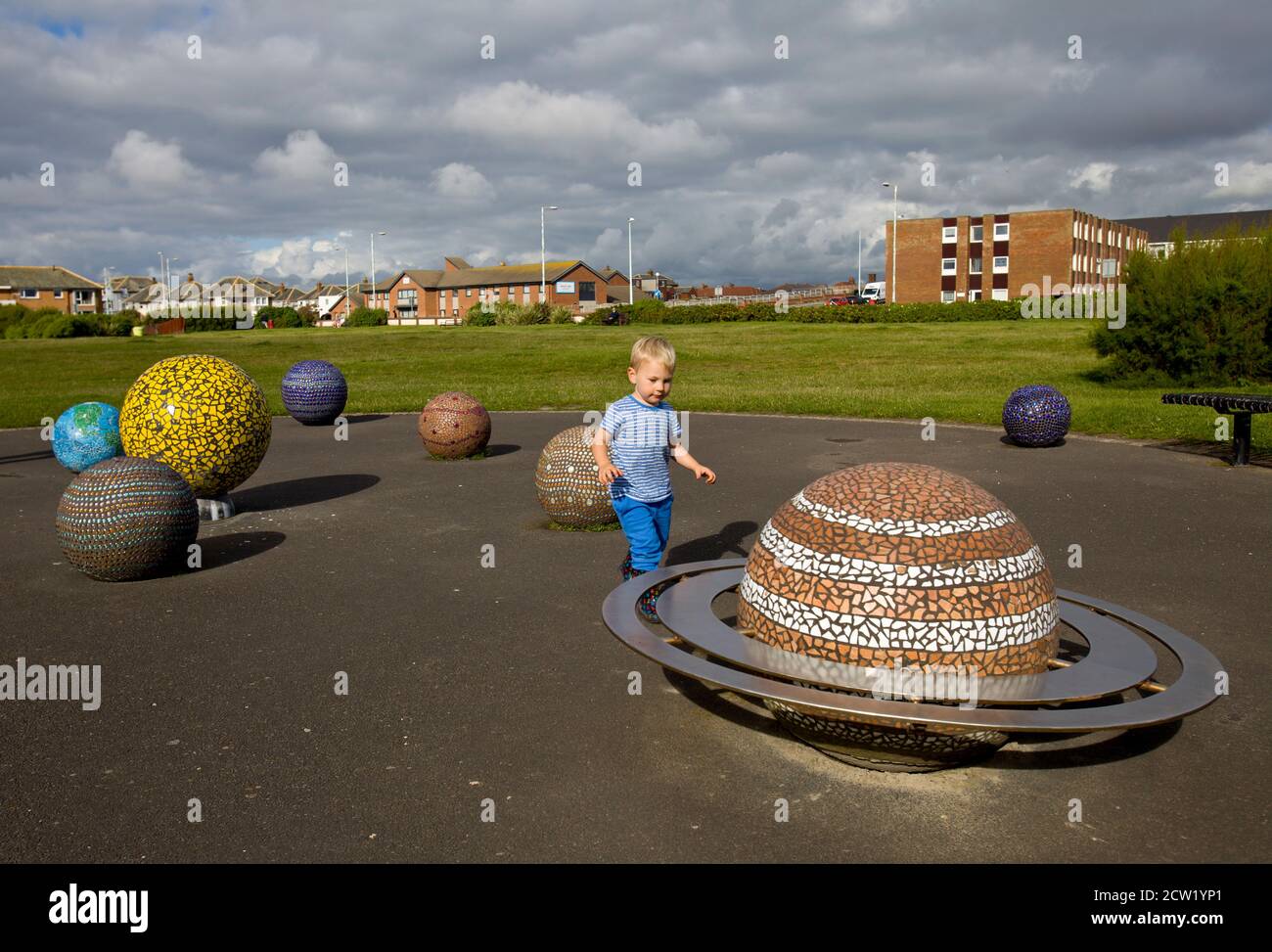 Sculptures of the planets in the solar system in a park. Astronomy,  education, science for kids, child, boy, toddler, fun learning, mosaics,  Saturn Stock Photo - Alamy