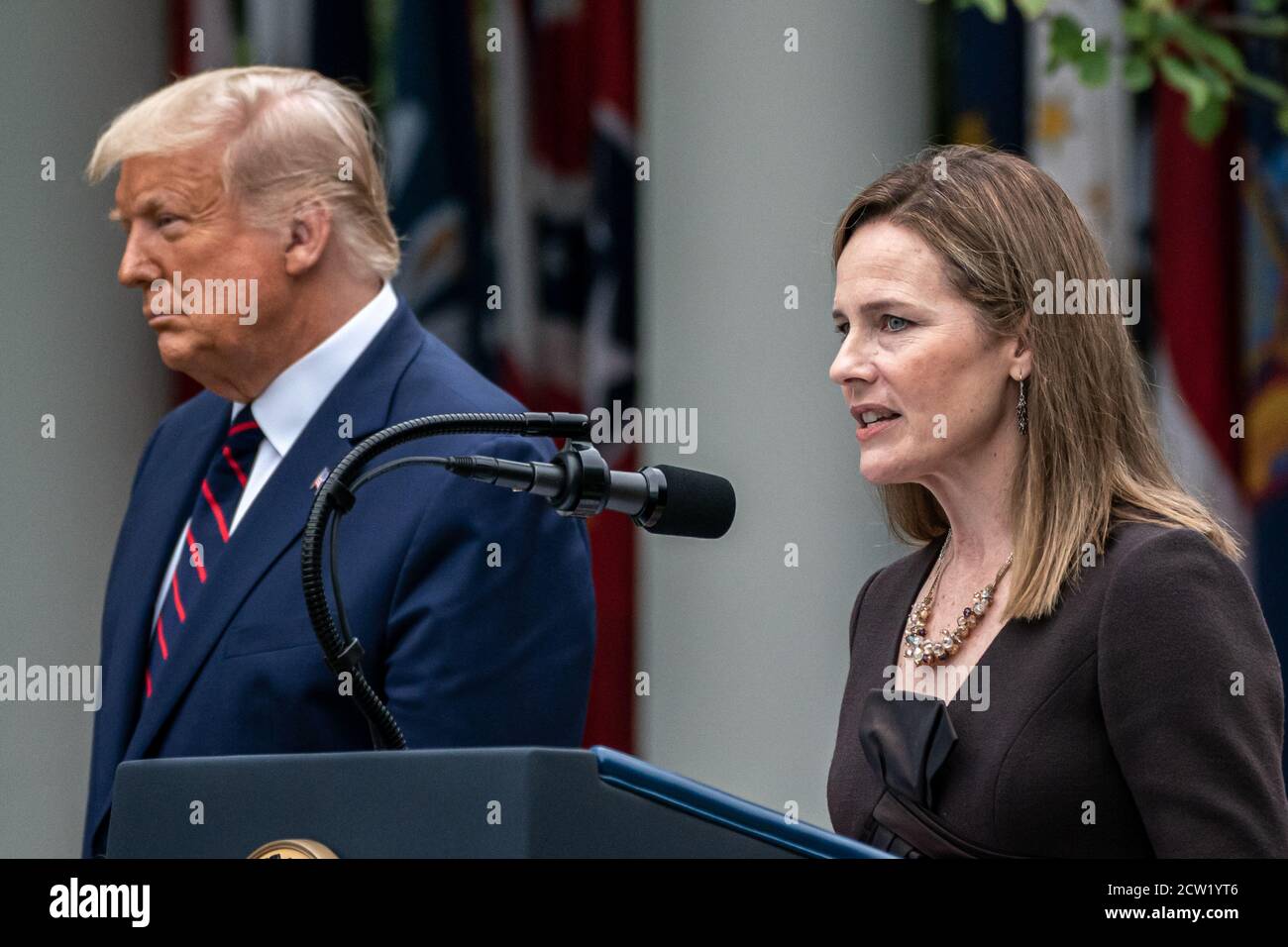 Judge Amy Coney Barrett, nominee for the Supreme Court seat left vacant by Justice Ruth Bader Ginsburg's death last week, speaks in the Rose Garden of the White House after President Donald Trump nominated her September 26, 2020 in Washington DC. The Republican-controlled Senate now has little time if they opt to confirm the nominee ahead of Election Day. (Photo by Photo Ken Cedeno/Sipa USA ) Credit: Sipa USA/Alamy Live News Stock Photo