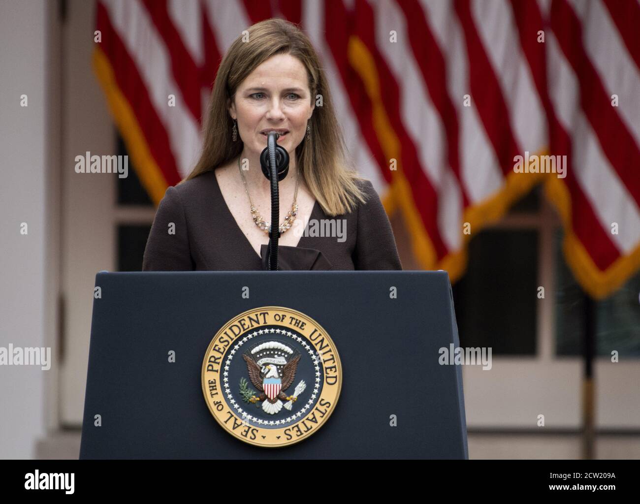 Washington, United States. 26th Sep, 2020. Judge Amy Coney Barrett delivers remarks after President Trump announces her as his Supreme Court Justice Nominee, during a ceremony at the White House in Washington, DC on Saturday, September 26, 2020. Trump is nominating Barrett to replace the seat left by the passing of Justice Ruth Bader Ginsburg, who died last week. Photo by Kevin Dietsch/UPI Credit: UPI/Alamy Live News Stock Photo