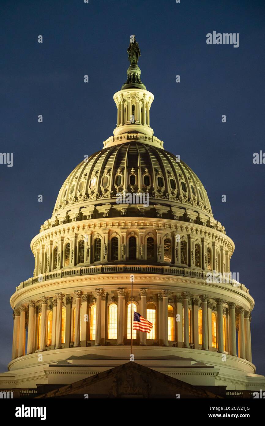 The United States Capitol Dome in Washington D.C., seen at Dusk during Fall 2020 Stock Photo