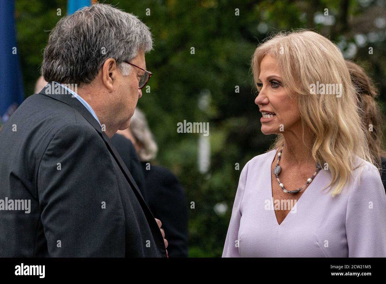 United States Attorney General William P. Barr speaks with Assistant to the President and Senior Counselor to the President Kellyanne Conway in the Rose Garden of the White House after President Donald Trump announced the nomination of Judge Amy Coney Barrett for the Supreme Court seat left vacant by Justice Ruth Bader Ginsburg's death last week September, 26, 2020 in Washington DC. The Republican-controlled Senate now has little time if they opt to confirm the nominee ahead of Election Day. (Photo by Photo Ken Cedeno/Sipa USA ) Credit: Sipa USA/Alamy Live News Stock Photo