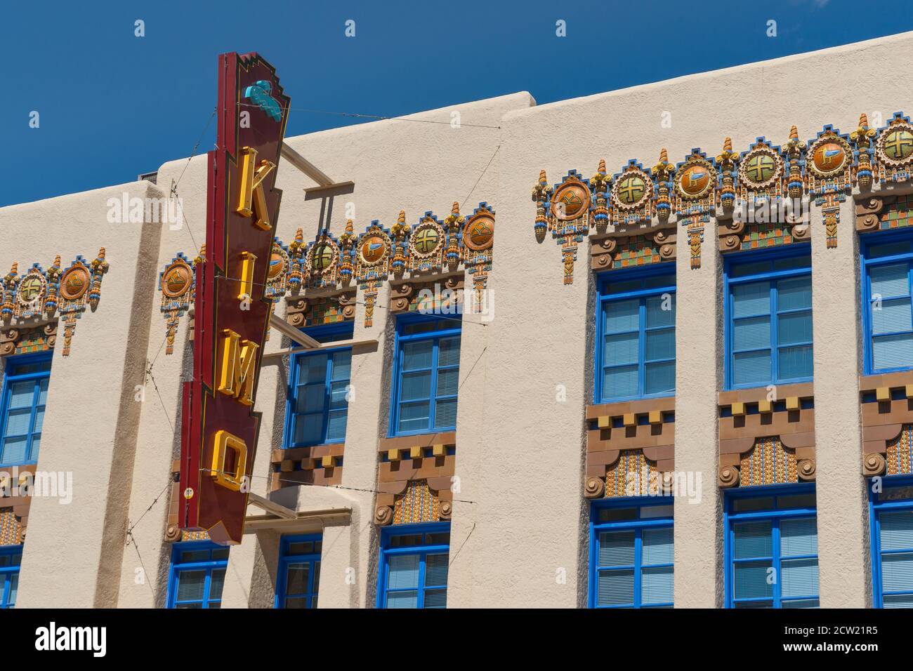 Albuquerque USA September 18 2015; Exterior intricate and  retro detail of exterior facade of Kimo Theatre and historic landmark. Stock Photo