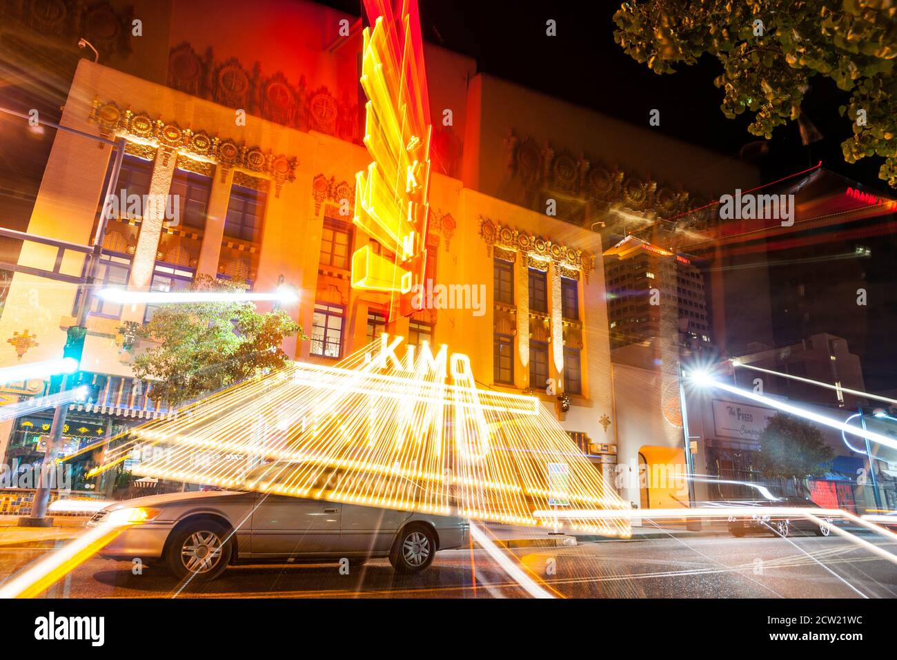 Albuquerque, New Mexico, USA - September  18 2015; Abstract zoom blur effect using night lighting at KiMo Theatre, a Pueblo Deco picture palace, was o Stock Photo