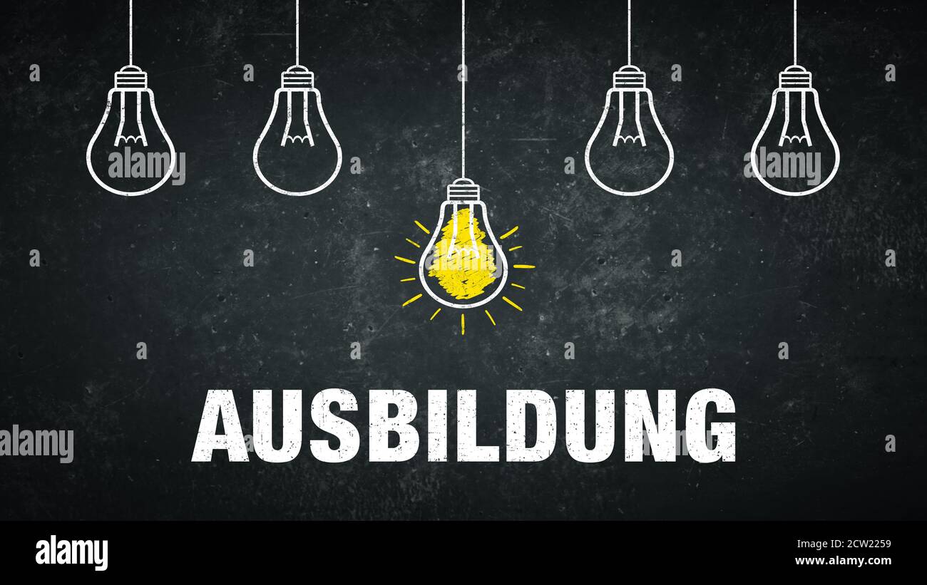 German term „Ausbildung“ on a blackboard with light bulbs. Translation: education. Stock Photo