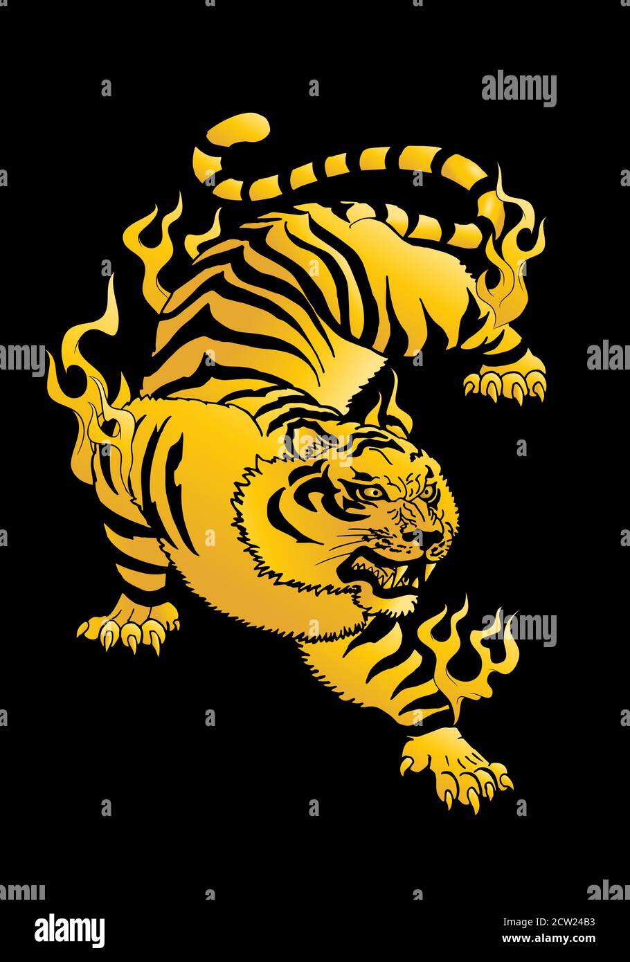 illustration of a golden tiger oriental mystical beast flying over black  background Stock Photo - Alamy