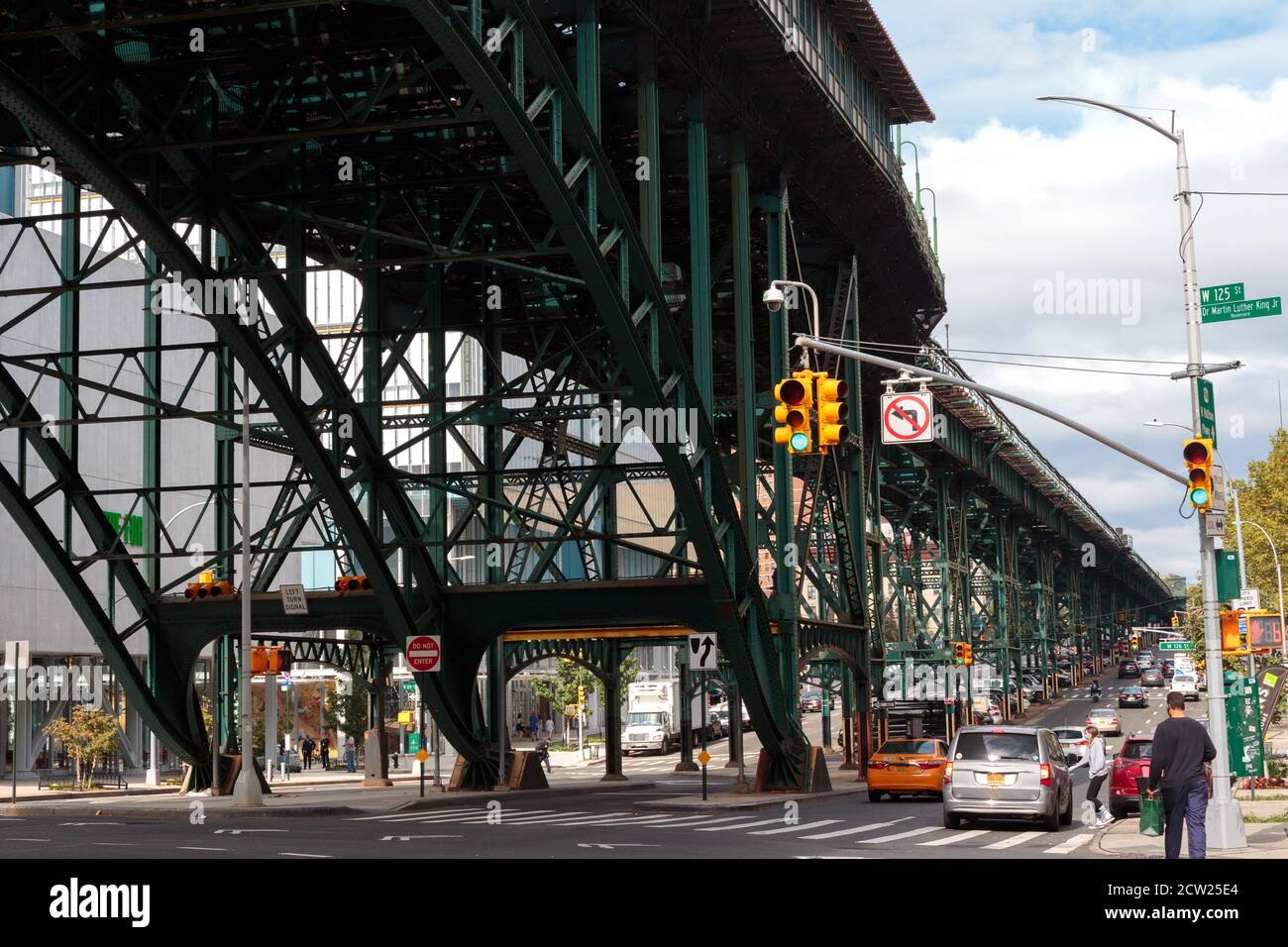 Street scene under the elevated subway station tracks at w 125th street and Broadway in Harlem Stock Photo