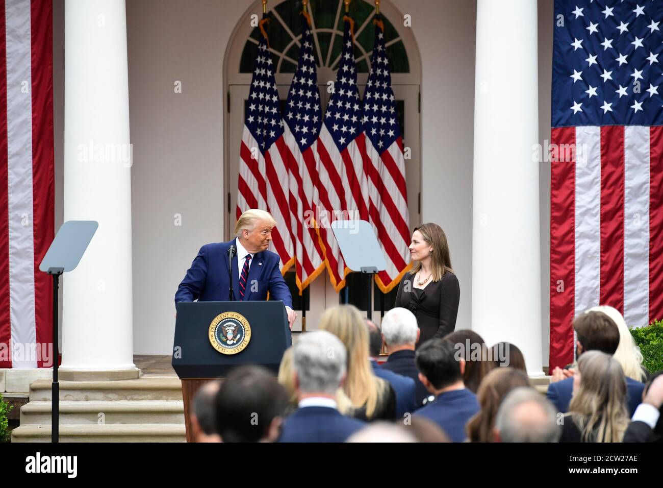 President Donald Trump announces Amy Coney Barrett, 48, as his nominee for Associate Justice of the Supreme Court of the United States during a ceremony in the Rose Garden at The White House in Washington, DC., Saturday, September 26, 2020.Credit: Rod Lamkey/Consolidated News Photos /MediaPunch Stock Photo