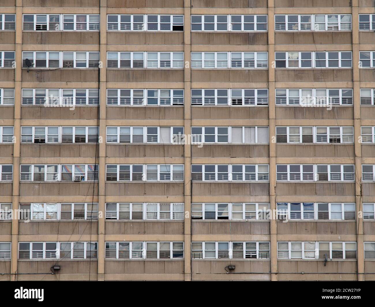 Archival 2009 view of windows at the Caprini Green public housing project tower in Chicago Illinois.   Tower was torn down in 2010. Stock Photo