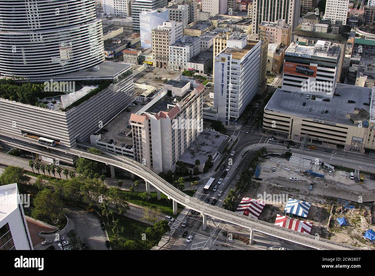 Miami, Florida, USA - September 2005:  Archival aerial view of the Miami People Mover and downtown buildings along SE 3rd Street. Stock Photo