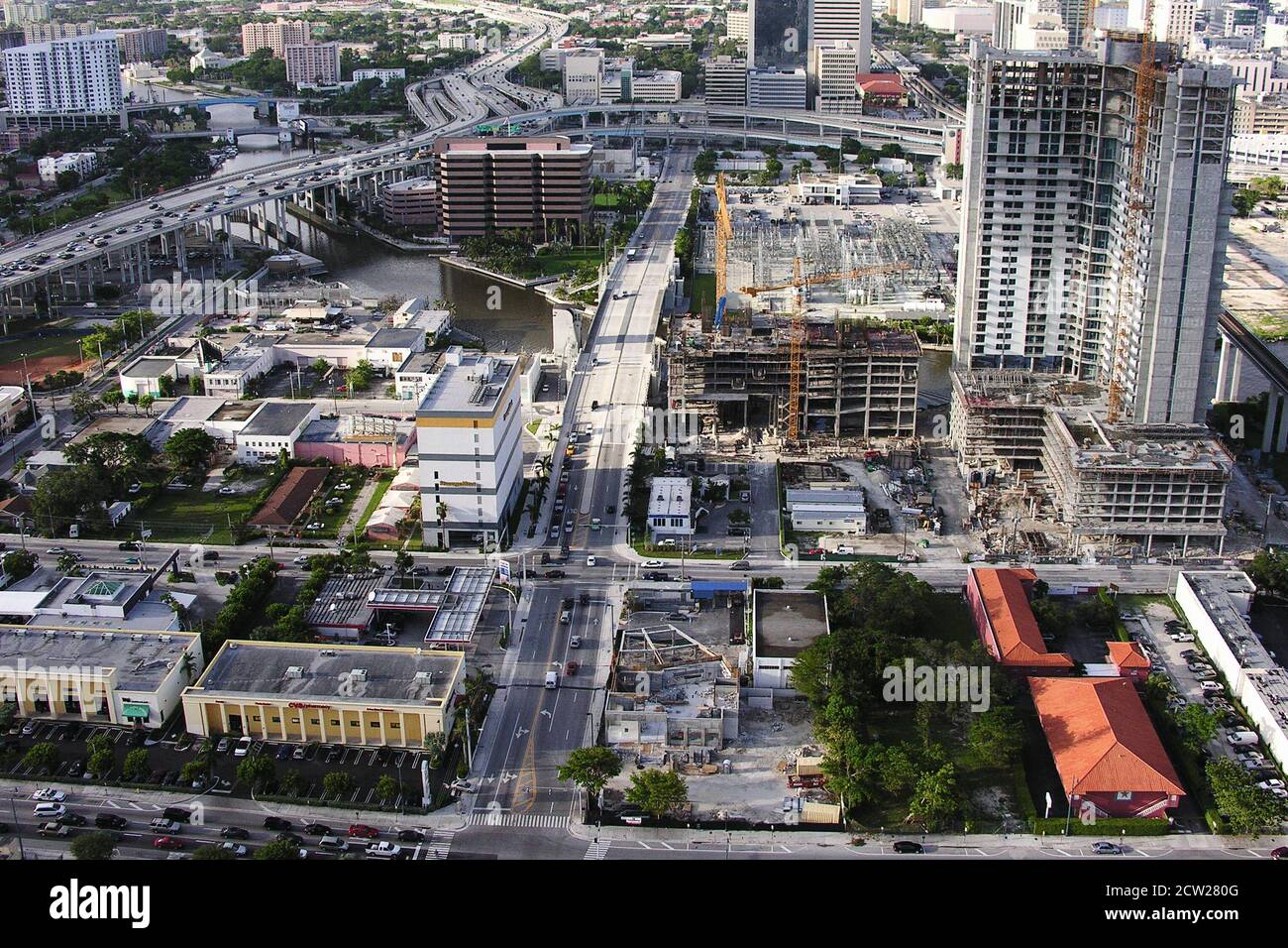 Miami, Florida, USA - September 2005:  Archival aerial view of the downtown building construction along SW 2nd Ave near the Miami River. Stock Photo