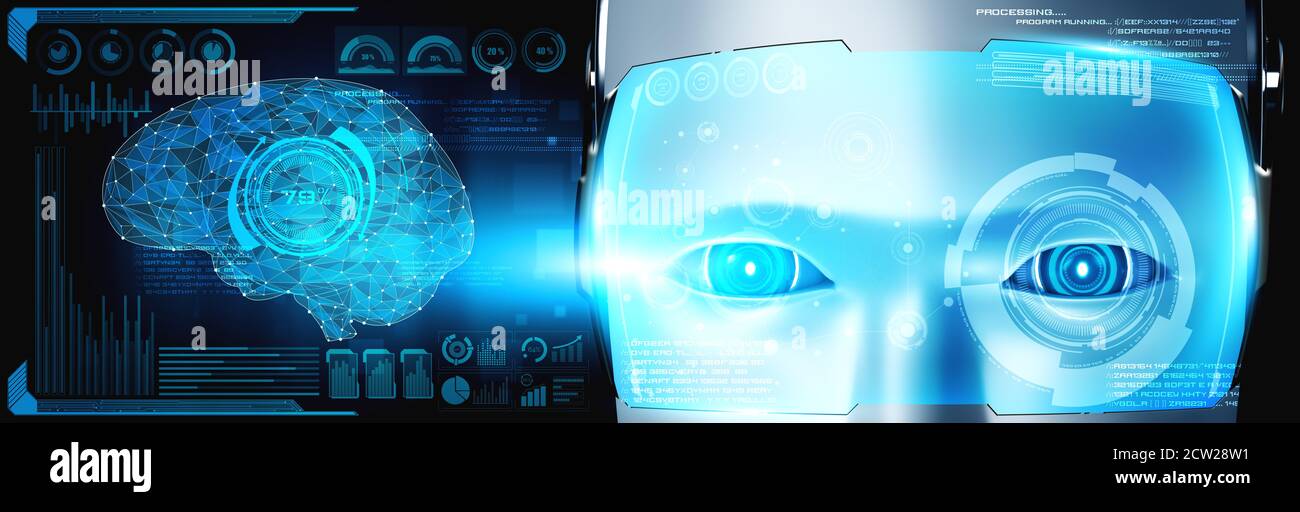 Robot humanoid face close up with graphic concept of AI thinking brain , artificial intelligence and machine learning process for the 4th fourth Stock Photo