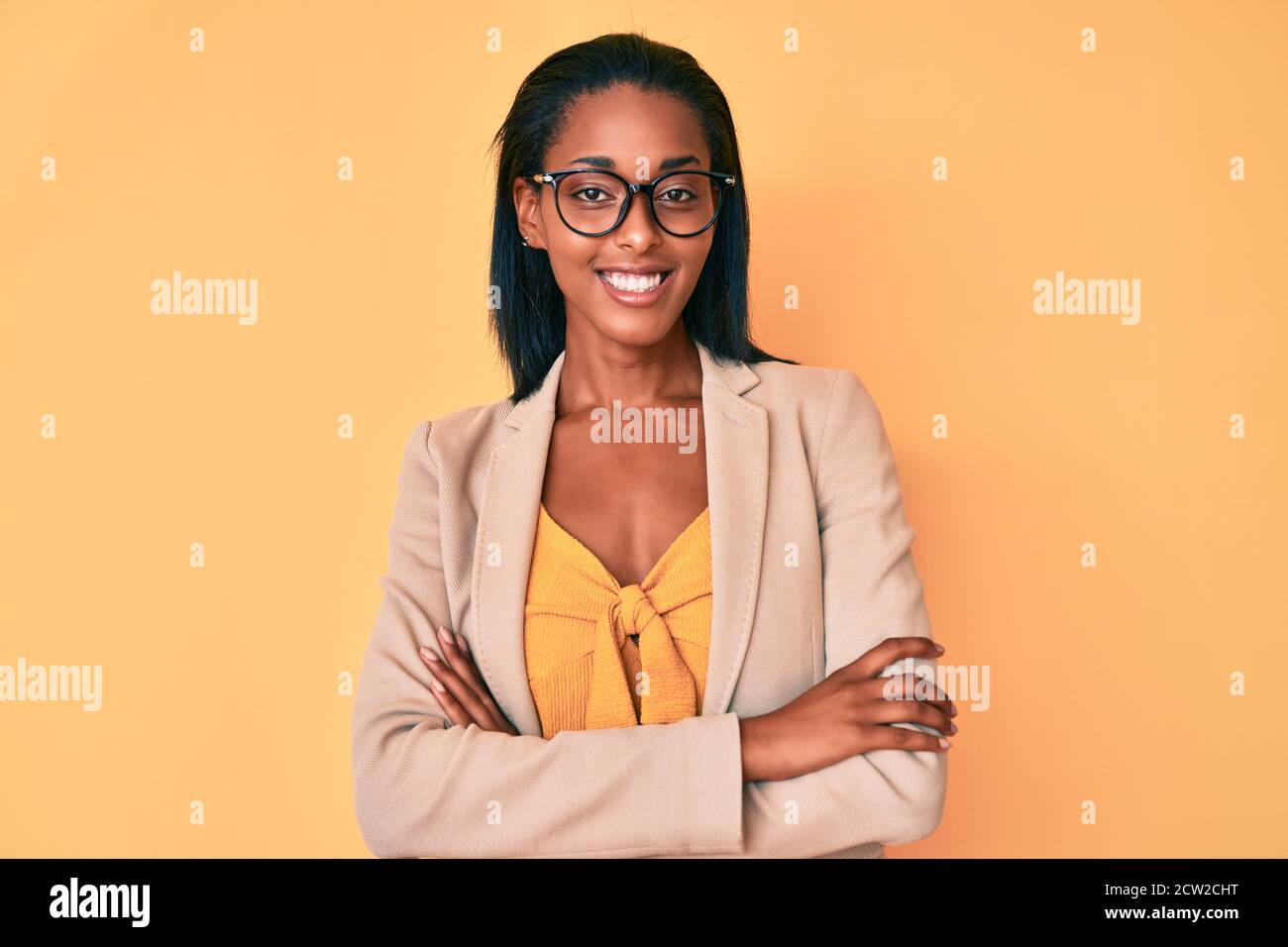 Young african american woman wearing business clothes happy face ...