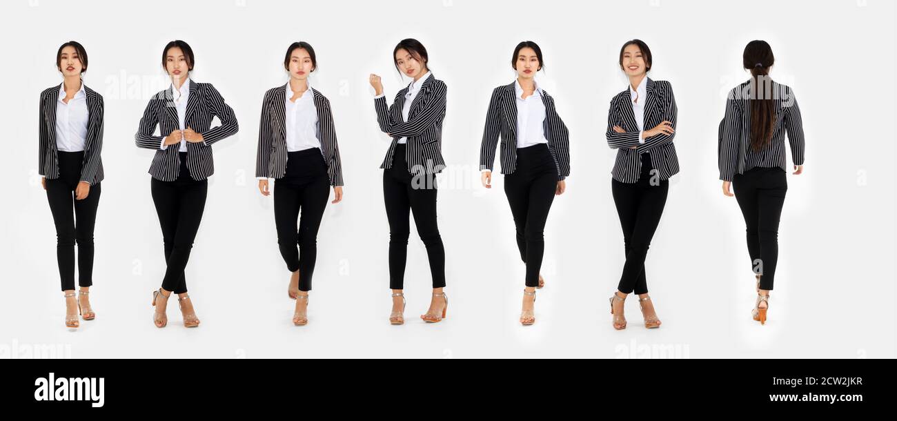 Portrait half body Snap Figure, Asian Business Woman Stand in black Formal  proper Suit pants, studio lighting white background isolated, Lawyer Boss  act posing smile smart look fashion sign Stock Photo |