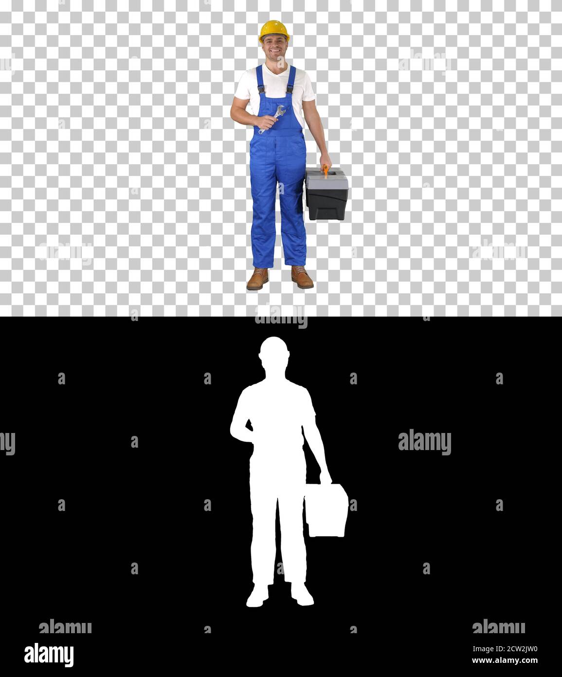 A repairman holding a toolbox and wrench smiling to camera, Alph Stock Photo