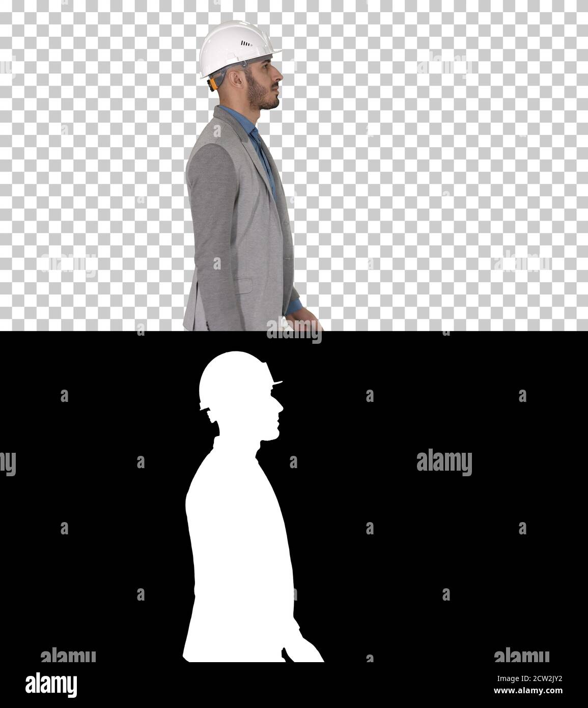 Architect in white helmet walking, Alpha Channel Stock Photo