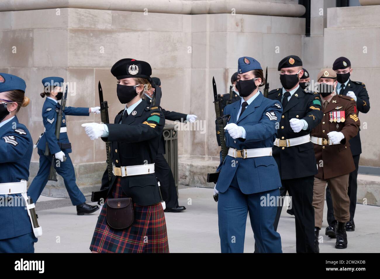 Ottawa, Canada.  September 23rd, 2020. Various military corps leave after arrival of the Governer General at the Canadian Senate for the Speech of the Stock Photo