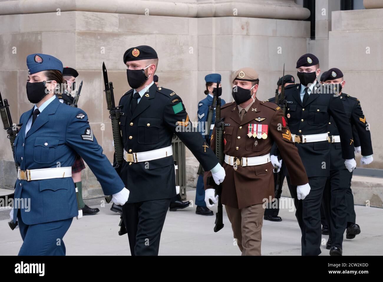 Ottawa, Canada.  September 23rd, 2020. Various military corps leave after arrival of the Governer General at the Canadian Senate for the Speech of the Stock Photo