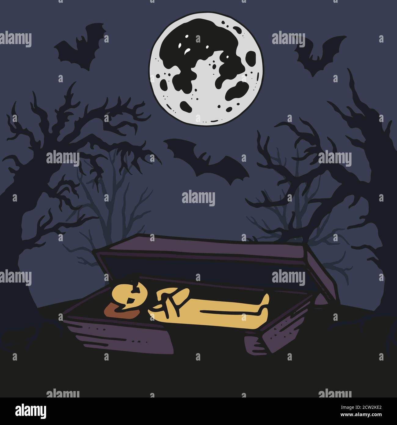 Vector helloween illustration. Coffin with undead vampire with spooky forest Stock Vector
