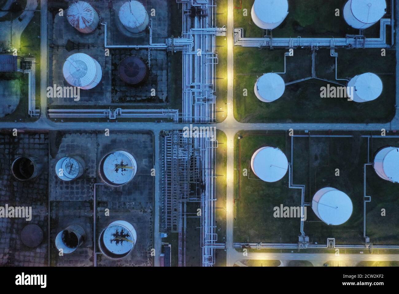 Aerial top view oil refinery at night hi-res stock photography and ...