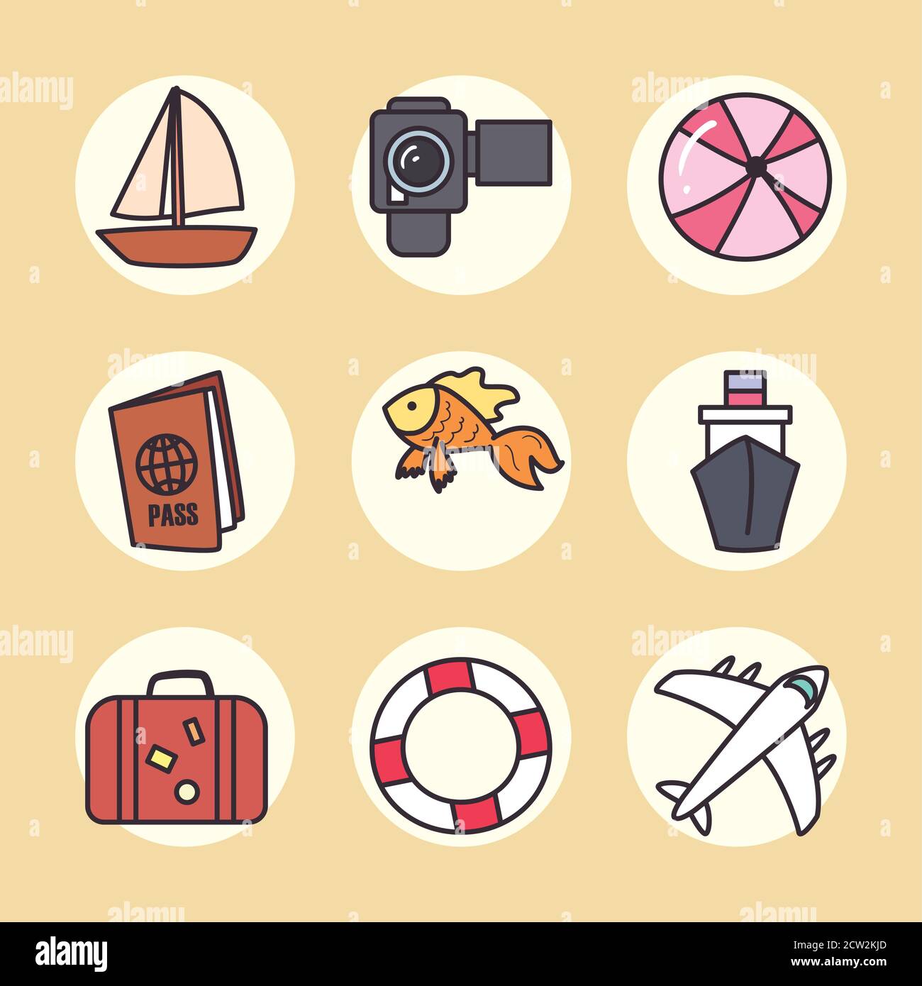 Summer line and fill style icon set design, vacation and tropical theme ...