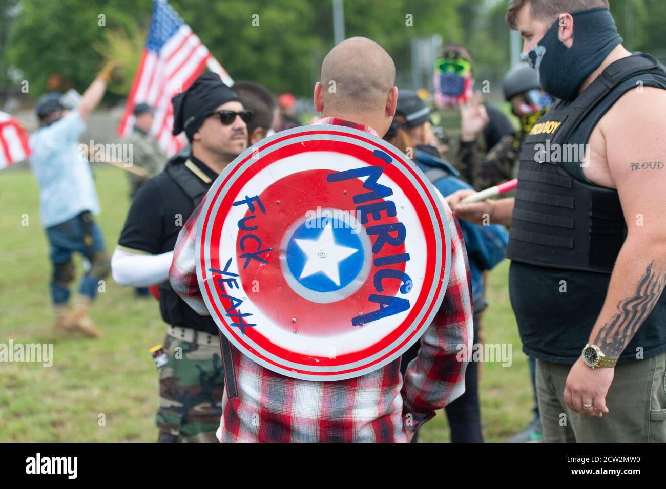 Portland, Oregon, USA. 26th September, 2020.  Proud Boys during the End to Domestic Terrorism Rally in support of Kenosha shooter Kyle Rittenhouse and Aaron 'Jay' Danielson who was shot dead by an antifascist protester during the ongoing Black Lives Matter protests in the city. Credit: Albert Halim/Alamy Live News Stock Photo