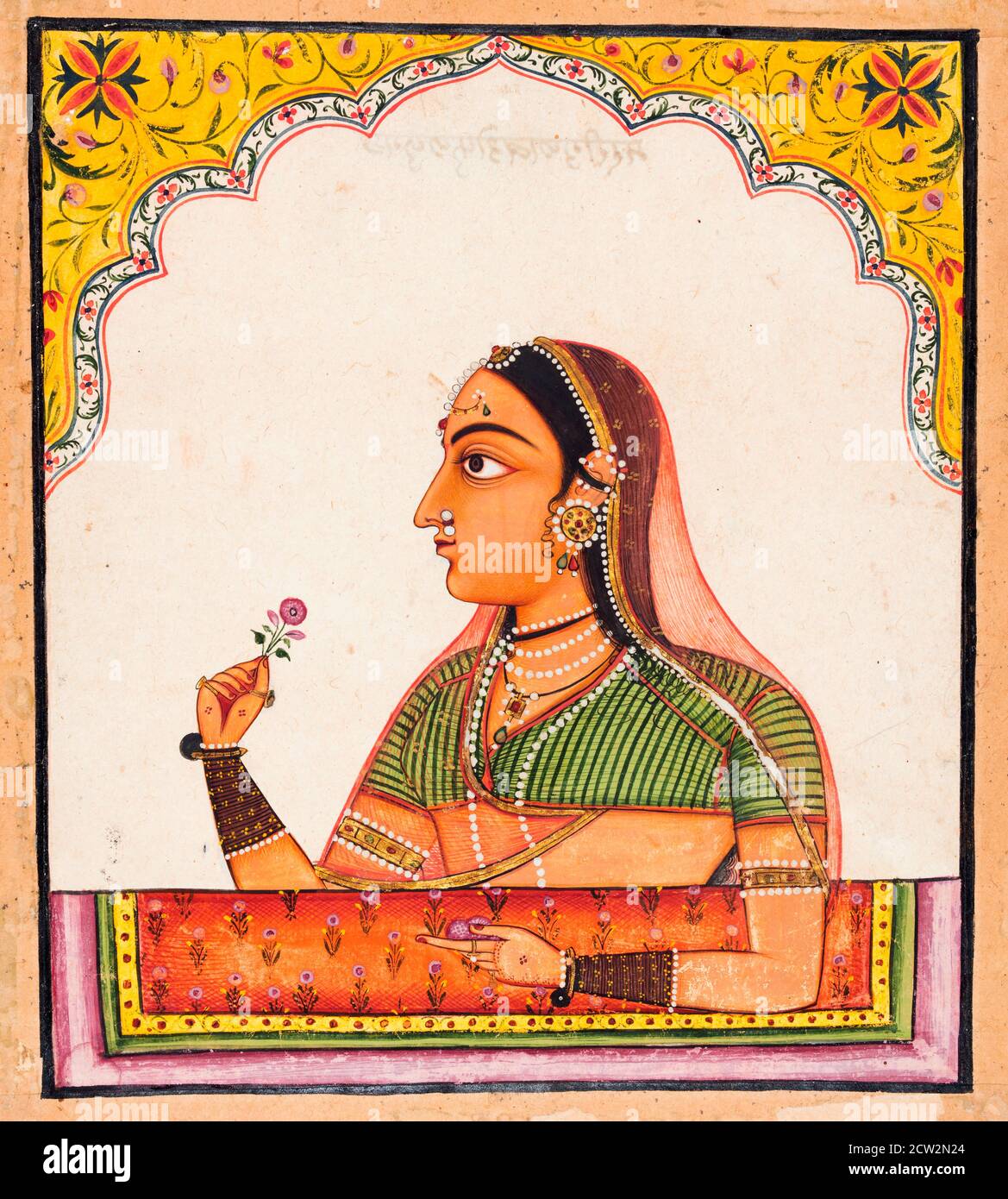 From a series of female portraits: A lady at a jharoka window holding a rose, circa 1730, Indian and Southeast Asian Art Stock Photo