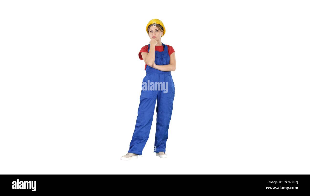 Woman in construction uniform listening to instructions on white Stock