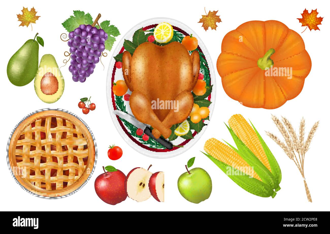 thanksgiving celebration traditional food and fruit set Stock Vector ...