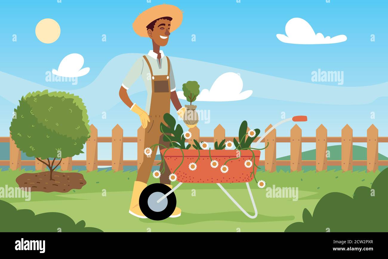 gardener man cartoon with flowers wheelbarrow and plant design