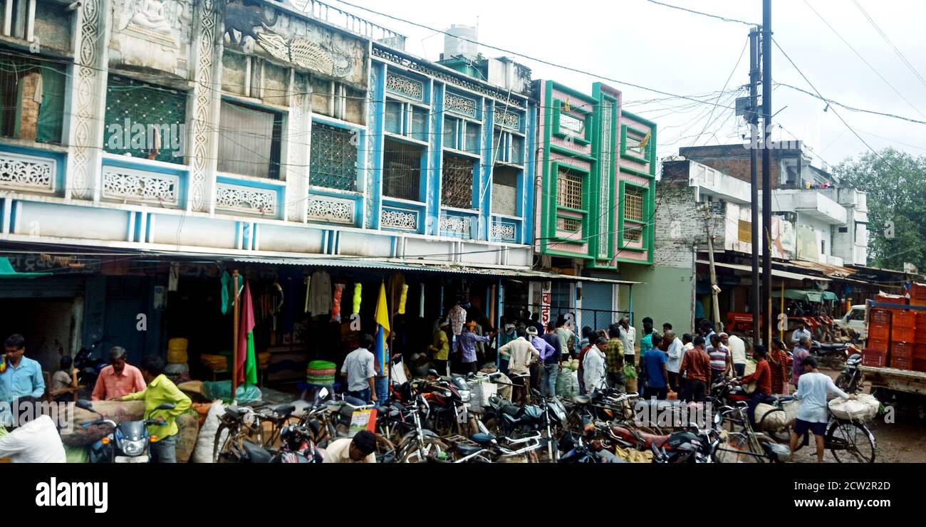 DISTRICT KATNI, INDIA - AUGUST 08, 2019: Indian market people crowd on street bazaar. Stock Photo